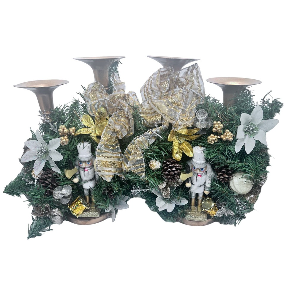 2 Handmade Bronze Toned Christmas Candle Holders and 4 Real Wax LED Candles